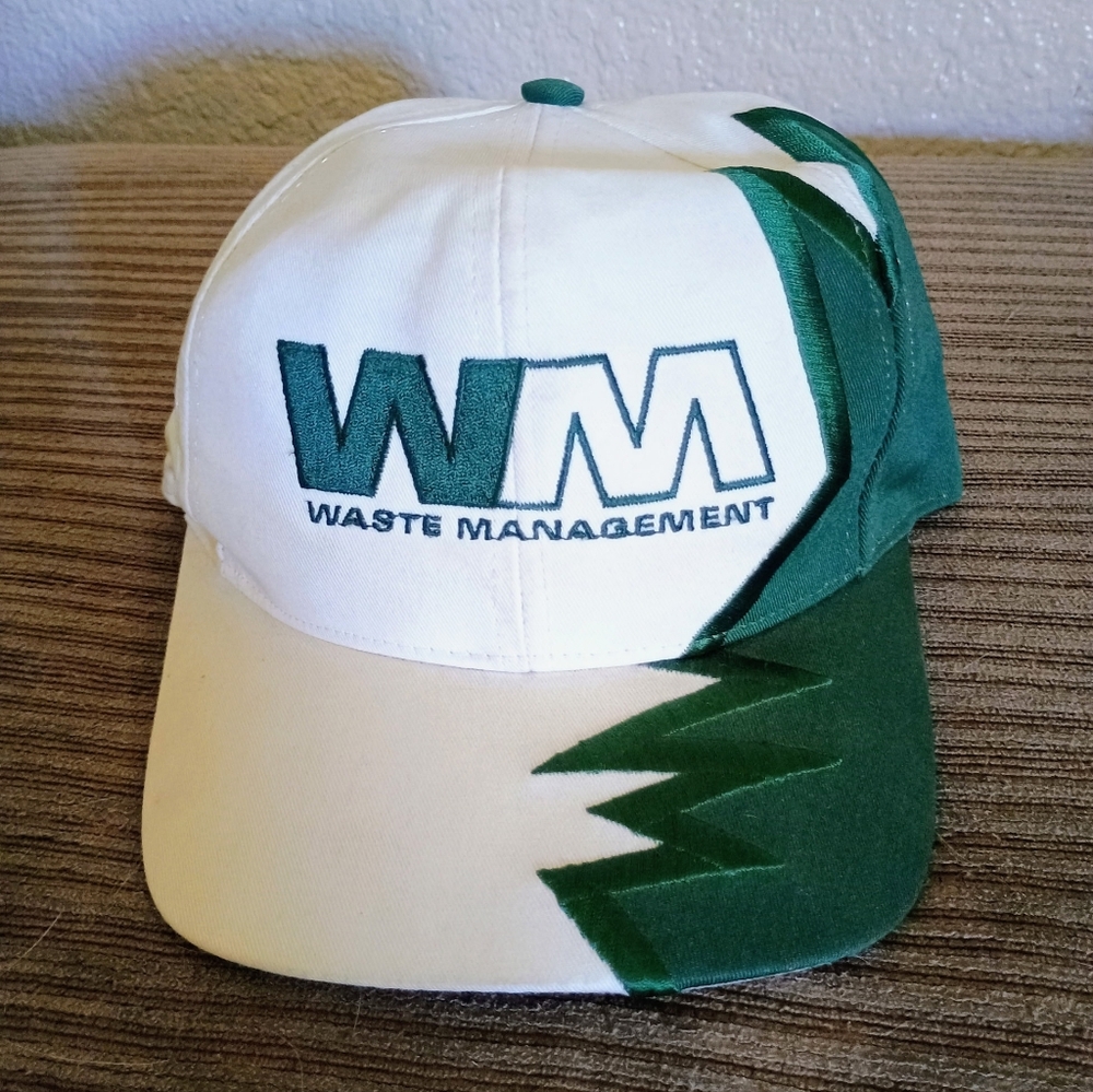 Vintage Sharktooth Waste Management WM Logo Baseball Cap in White and Green